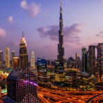 Panorama of down town Dubai modern city at night